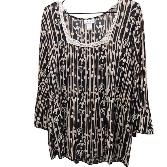 NICOLA BLACK & CREAM BOHO STRIPED FLORAL PRINT LACE NECKLINE FLARE SLEEVES TOP L - Picture 1 of 9